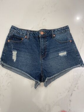 Refuge Mid-Rise Distressed Denim Shorts - Blue